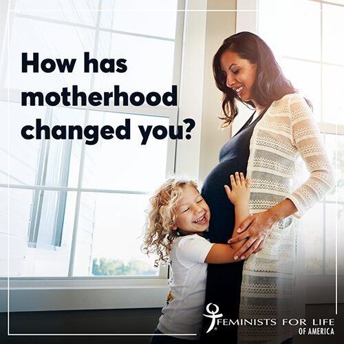 Photo of a pregnant woman with a child with the text on the image reading How has motherhood changed you?