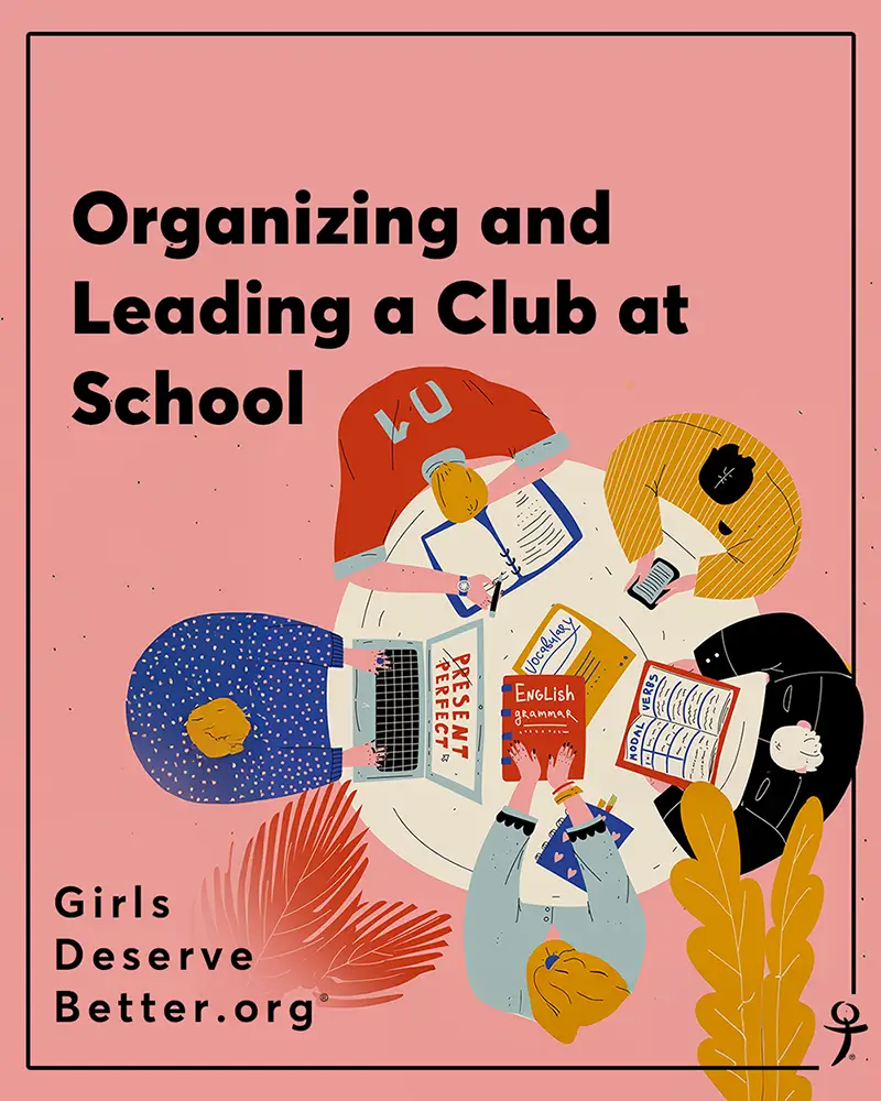Illustration with five people around a table and text that says organizing and leading a club at school