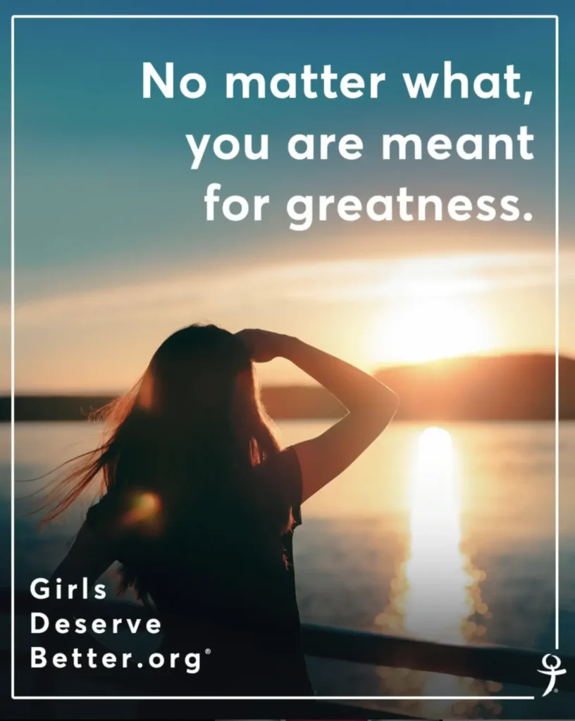 A photo of a woman looking at the ocean with the text superimposed that says No matter what, you are meant for greatness.