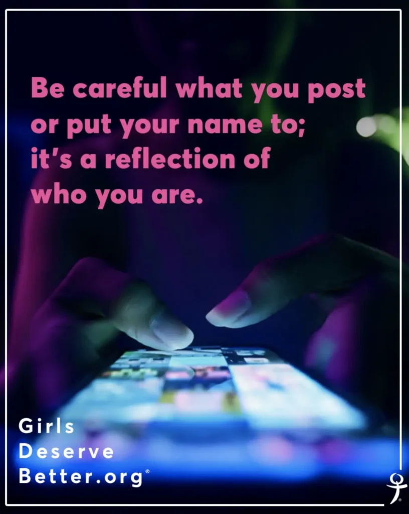 A photo of someone typing on a smartphone with the text overlaid that says Be careful what you post or put your name to; it's a reflection of who you are.