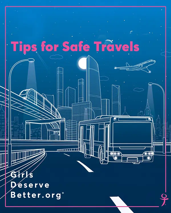 An illustration with a train, airliner plane, and bus in a large city, the text Tips for Safe Travels overlaying it.