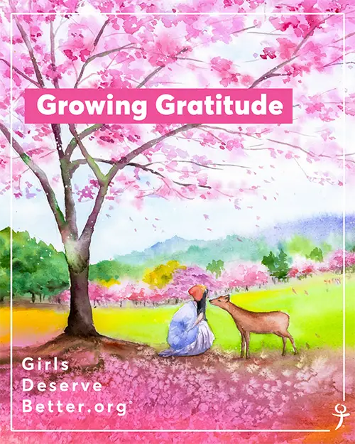 An artwork of a young woman kneeling in front of a doe, surrounding by a pink flowering tree, the text Growing Gratitude overlaying it.