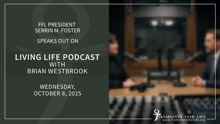 A blurred photo of a podcast interview alongside the text FFL President Serrin M. Foster speaks out on Living Life Podcast with Brian Westbrook, Wednesday, October 8, 2025