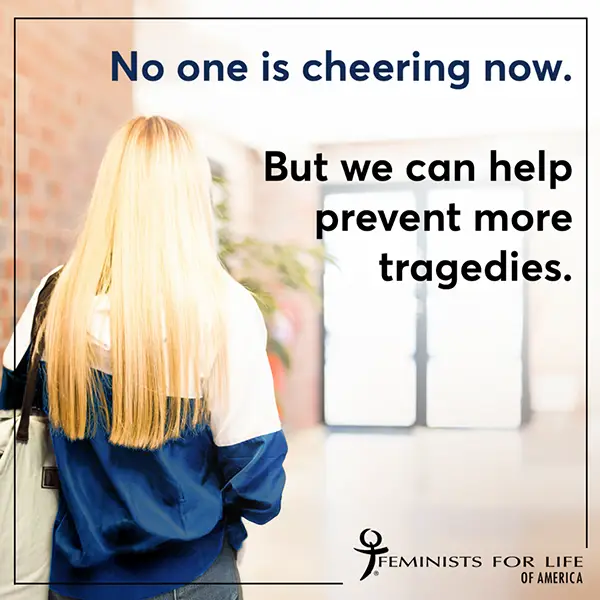 A photo of a young blonde woman with the text overlaid that says No one is cheering now. But we can help prevent more tragedies.