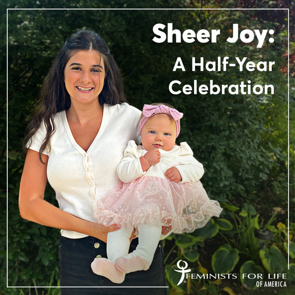 A graphic with a photo of a mother with a small girl and overlaid text that reads Sheer Joy: A Half-Year Celebration
