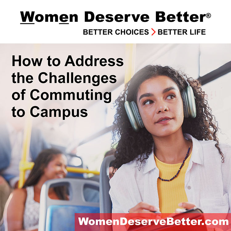 A young woman riding the bus with text overlaid that says how to address the challenges of commuting to campus