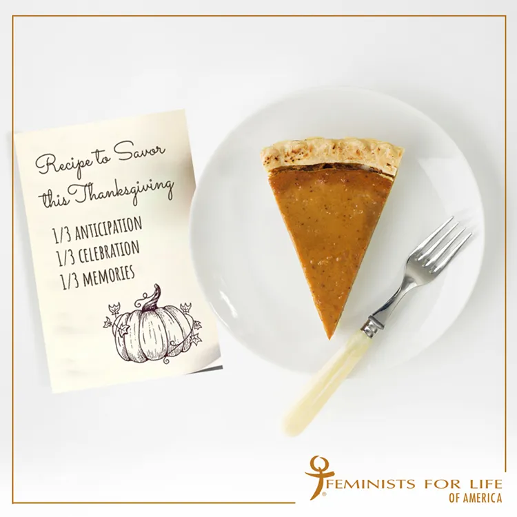 A photo of an apple pie alongside a note that says recipe to savor this Thanksgiving: one third anticipation, one third celebration, one third memories