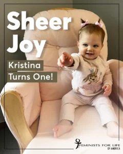A toddler in a chair. Text overlays the image that says Sheer Joy - Kristina Turns One!