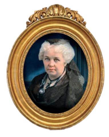 A photo of Elizabeth Cady Stanton inside a gold frame
